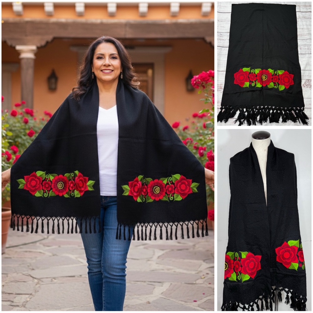 Black Shawl Wrap with Red Rose Mexican Zinacantan Embroidery